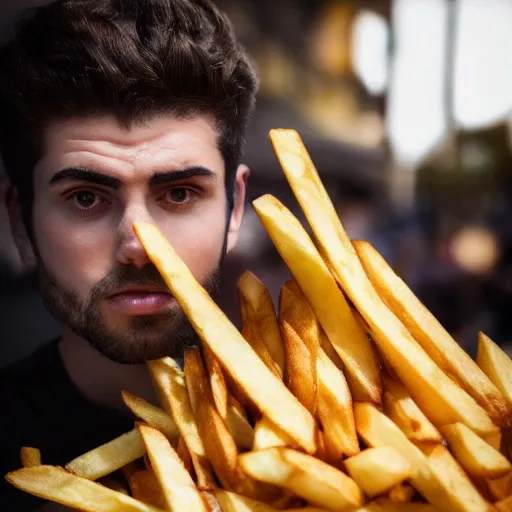 Image similar to a man with french fries as hair, 8 k, 4 k, professional photography, award winning photo
