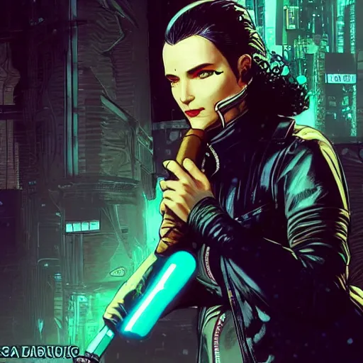Image similar to selina. cyberpunk mercenary smoking a cigar. Style of James Gurney and Mœbius. (Cyberpunk 2077. Blade Runner. Apex Legends. The matrix)