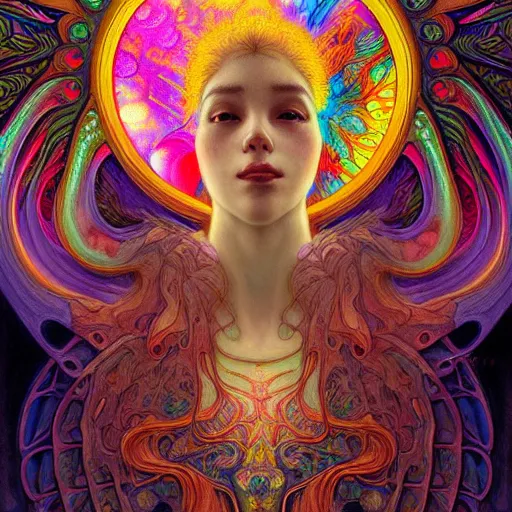 Image similar to An extremely psychedelic experience, reality bending, morphing, transforming, colorful, surreal, magic mushrooms, psilocybin, LSD, face, detailed, intricate, elegant, highly detailed, digital painting, artstation, concept art, smooth, sharp focus, illustration, art by Krenz Cushart and Artem Demura and alphonse mucha