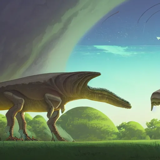 Image similar to concept art painting of an alien world full of alien dinosaurs, detailed, cel shaded, in the style of makoto shinkai and moebius and james gurney