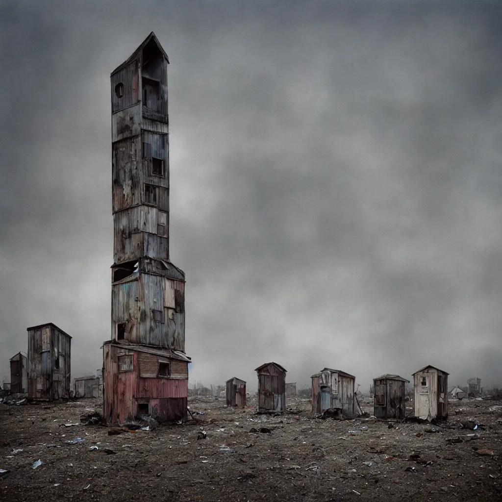 Prompt: two towers, made up of makeshift squatter shacks with faded colours, apocalyptic sky, uneven fog, dystopia, mamiya rb 6 7, fully frontal view, ultra sharp, very detailed, photographed by julie blackmon