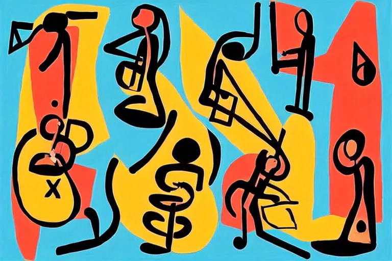 Image similar to four musicians playing with musical notes as abstract art in the style of Stuart Davis