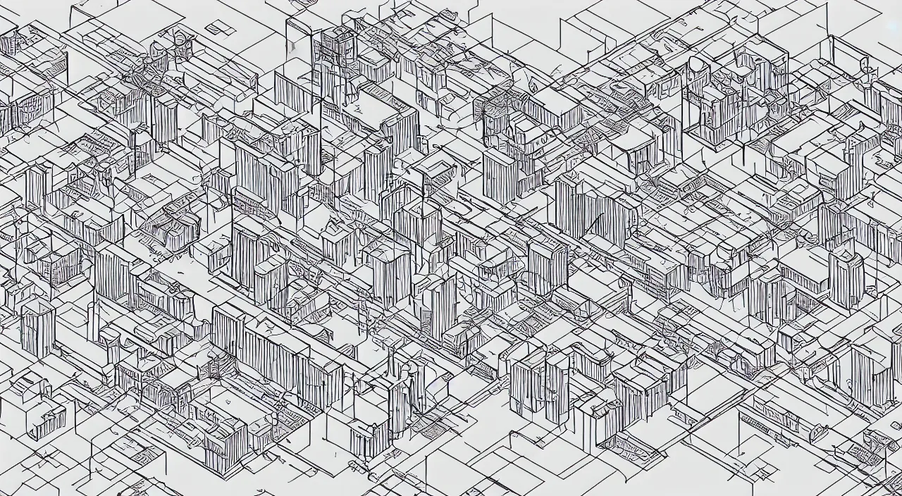 Image similar to exploded axon schematic drawinf of a typical city block, in vector drawing style of peter eisenman