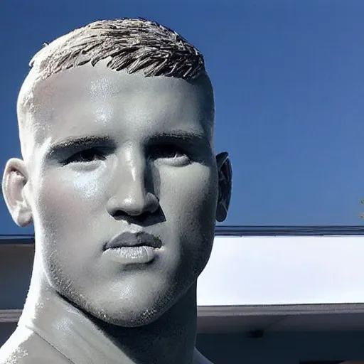 Image similar to “a realistic detailed photo of a guy who is named Mike Trout a baseball player, frozen like a statue, with shiny skin, by a pool, on display”