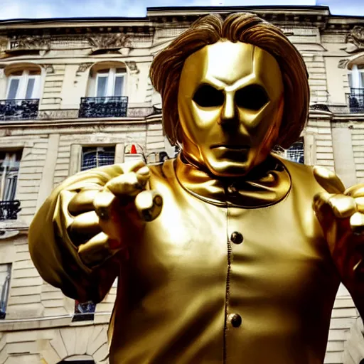 Image similar to A large golden statue of Michael Myers in Paris, photographer image,