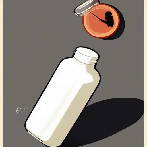 Prompt: concept art of magic dietary supplement in a transparent modern rounded bottle filled with white liquid, black top, by gil elvgren, white tones, white background, digital painting, artstation, concept art, smooth, sharp foccus ilustration hq