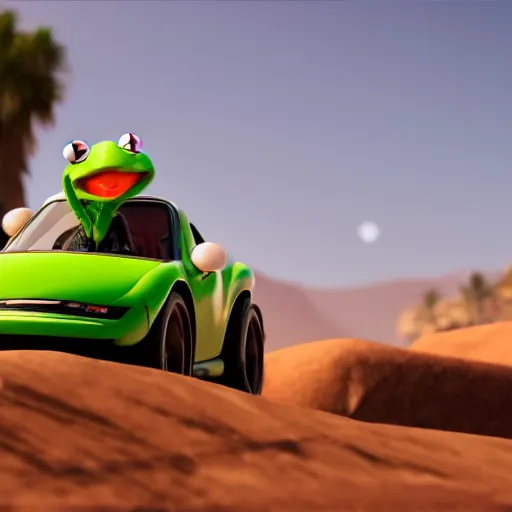 Prompt: kermit driving a car, wlop, marrakech, cinematic lighting, hyperdetailed, 8 k realistic, symmetrical, global illumination, radiant light,, frostbite 3 engine, cryengine, dof, trending on artstation, digital art, chanel