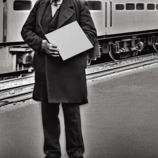 Image similar to turn of the century sepia photo of a man waiting at the train station while holding an ipad