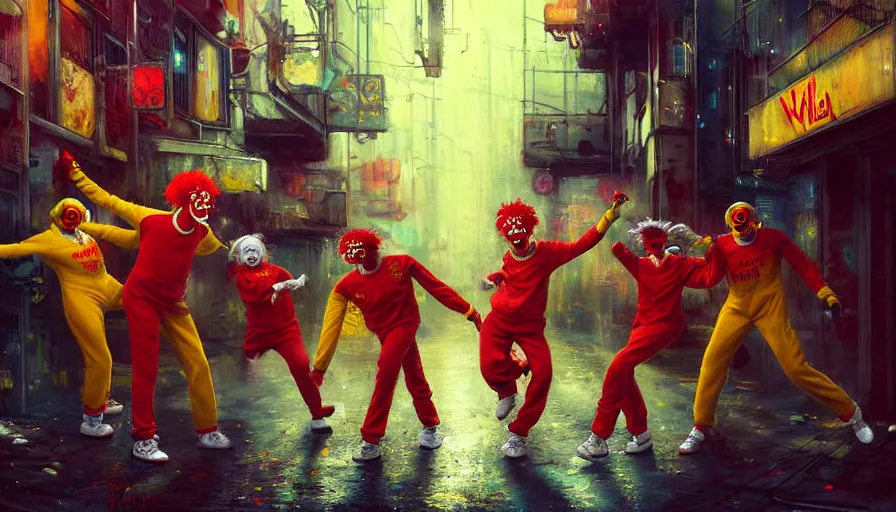 Image similar to highly detailed painting of a group of ronald mcdonalds with red afros, white facepaint, red noses and yellow tracksuits dancing in a cyberpunk alleyway by william turner, by greg rutkowski, by william constable, thick brush strokes and visible paint layers, 4 k resolution, retrowave colour scheme