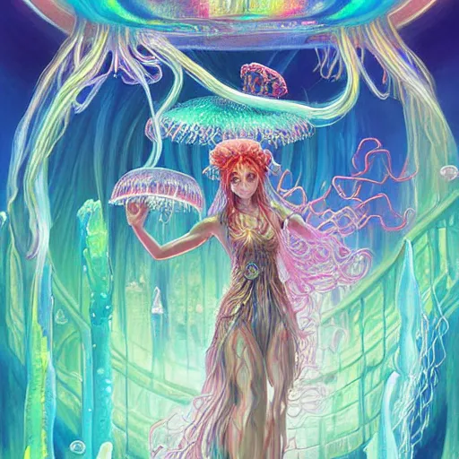 Prompt: iridescent painting of jellyfish priestesses, jellyfish shrine maiden, jellyfish temple, undersea temple, underwater shrine, neon jellyfish, by artgerm, art by Ayami Kojima, by Karol Bak, by Greg Hildebrandt, by Mark Brooks, by Noah Bradley, by Darek Zabrocki, by Tyler edlin, by Jordan Grimmer, by Neil Blevins, hy James Paick, by Natasha Tan , rich deep colors, art by Takato Yamamoto, masterpiece, ultra details, high quality, high resolution, by trending on artstation, cgsociety unreal engine, octane render, cinematic light, high details, iridescent colors, macro, vermillion and fuschia, cyan and magenta, rainbow colors, cinematic top lighting, insanely detailed and intricate, Charlie Bowater, golden ratio, symmetric, elegant, ornate, luxury, elite, matte painting, cinematic, trending on cgsociety, 8k, high resolution