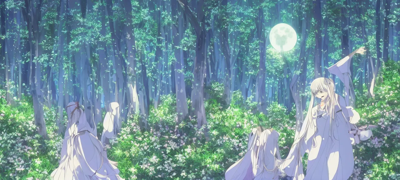 Image similar to illyasviel walking through enchanted ghibli clover | Big Moon at Blue Night | Trees with white flowers | bioluminescent blue FLOWERS | strong blue rimlit | visual-key | anime illustration | highly detailed High resolution | Light Novel | Visual Novel | In the style of Miyama-Zero, Yuuki Hagure