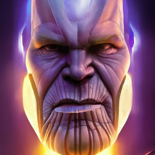 Image similar to thanos, comic, flat, 2 d, infinity gauntlet, portrait, intricate, detailed, volumetric lighting, scenery, digital painting, highly detailed, artstation, sharp focus, illustration, concept art, ruan jia, art by artgerm and greg rutkowski