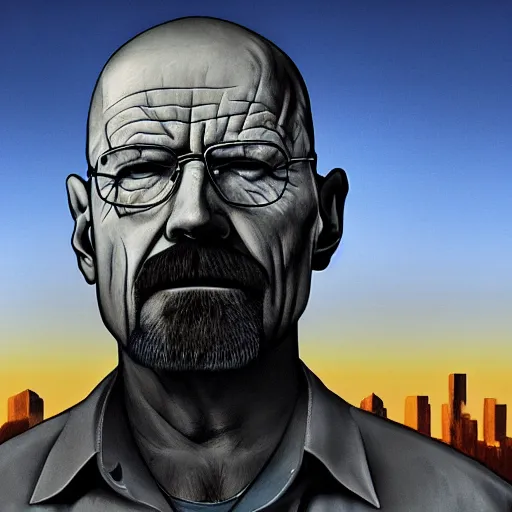 Image similar to Gargantuan Walter White towering over a city