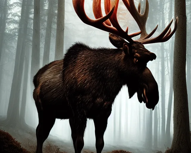 Image similar to 5 5 mm portrait photo of a demonic heavily burning moose with red eyes and antlers and looking at the camera, in a magical forest. dark atmosphere. art by greg rutkowski and luis royo. highly detailed 8 k. intricate. lifelike. soft light. nikon d 8 5 0.