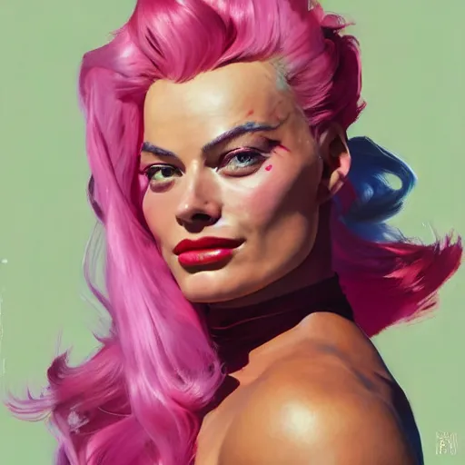 Image similar to greg manchess portrait of margot robbie as very happy thick veiny muscular female bodybuilder zarya from overwatch with pink hair in disco elysium, fantasy, medium shot, asymmetrical, profile picture, organic painting, matte painting, bold shapes, hard edges, street art, trending on artstation, by huang guangjian and gil elvgren and sachin teng