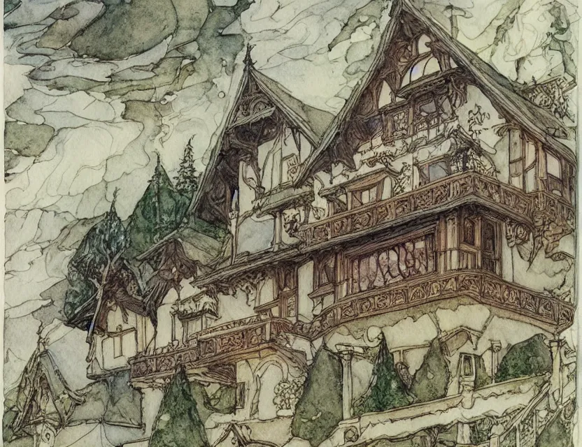 Image similar to a detailed, intricate watercolor and ink illustration with fine lines of the view from the river of an art nouveau swiss chalet, by arthur rackham and edmund dulac and lisbeth zwerger