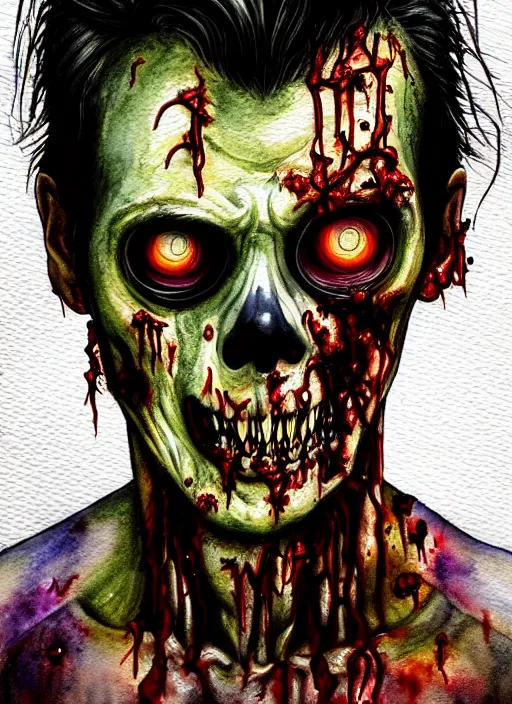 Image similar to zombie hollywood professional acting headshot, hyperrealism, intricate detailed, studio lighting, charming expression gesicht, watercolor art, drawn and painted, colored layers, dulled contrast