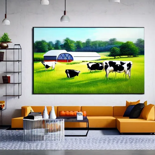 Image similar to interior view of modern futuristic farm barn architecture and interior design showing cows laying down on sofas and pigs and chickens sitting in lounge chairs, wall art, throw pillows, areas rugs, feed troughs, hay, detailed luminescent oil painting 4 k