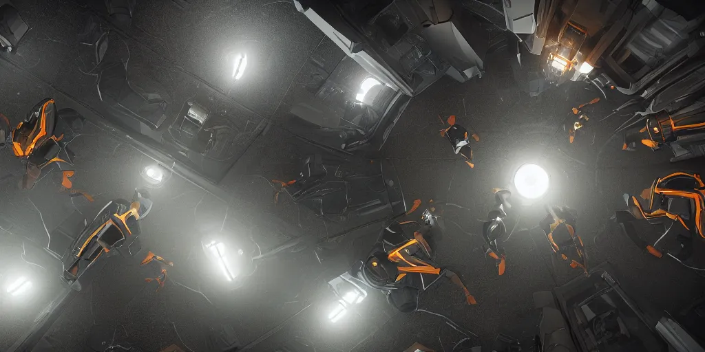 Prompt: sci - fi squad in wet cloaks, infiltrating on the ceiling at midnight storm, lightning, unreal engine 5