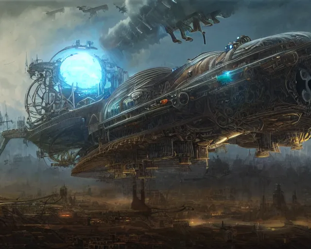 Image similar to legendary steampunk airship, medieval planet, alien technology, cinematic, highly detailed, smogpunk engines, scifi, intricate digital painting, interesting angle, gigantic landing pad, scifi base, artstation, by johnson ting, jama jurabaev