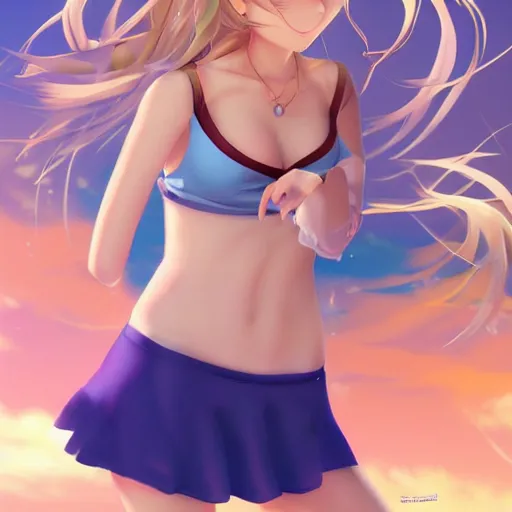 Image similar to a very beautiful young anime tennis girl, full body, long wavy blond hair, sky blue eyes, full round face, short smile, bikini, miniskirt, highly detailed, cinematic wallpaper by stanley artgerm lau