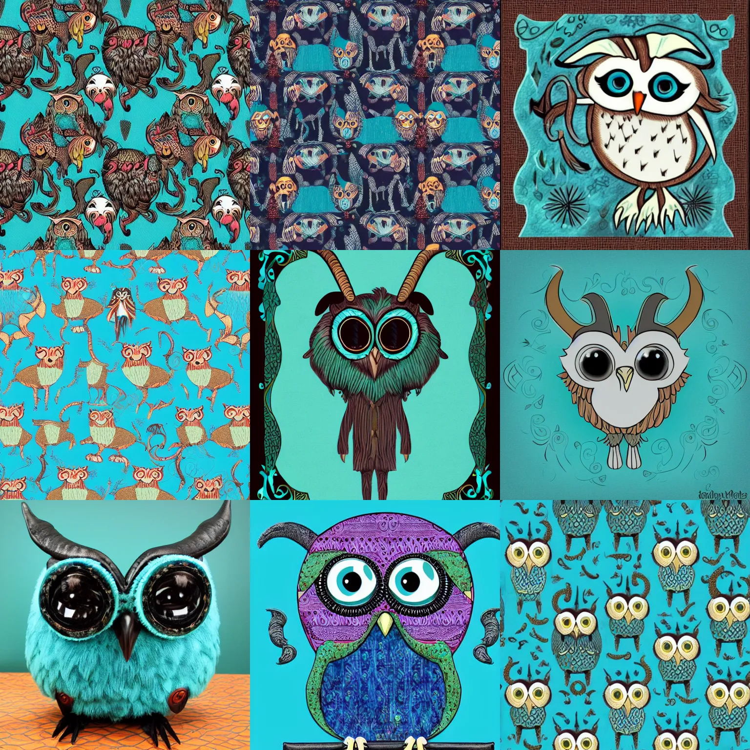 Prompt: anthropomorphic goat - owl hybrid, dark turquoise theme