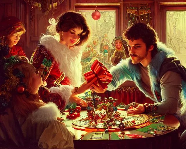 Image similar to opening presents at christmas 1 9 8 0's, deep focus, d & d, fantasy, intricate, elegant, highly detailed, digital painting, artstation, concept art, matte, sharp focus, illustration, hearthstone, art by artgerm and greg rutkowski and alphonse mucha