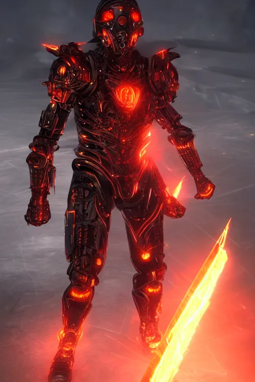 Image similar to Cybernetic Flame Armor, fantasy, photorealistic, glowing eyes, 4k, cinematic lighting, explosive