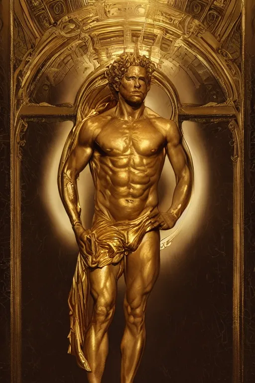 Image similar to ultra realistic illustration, a golden statue of a herculean glenn howerton as the god apollo, intricate, elegant, highly detailed, digital painting, artstation, concept art, smooth, sharp focus, illustration, art by artgerm and greg rutkowski and alphonse mucha