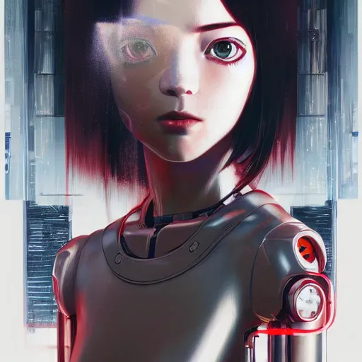 Image similar to A cyborg girl with big and cute eyes, fine-face, realistic shaded perfect face, fine details. red, black and white robotic parts. realistic shaded lighting poster by Ilya Kuvshinov katsuhiro otomo ghost-in-the-shell, magali villeneuve, artgerm, Jeremy Lipkin and Michael Garmash, Rob Rey and Kentarõ Miura style, trending on art station