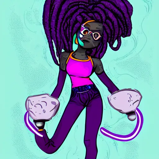 Prompt: black woman with purple dreads in space in the style of steven universe