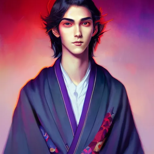 Image similar to colorful and Festive Captivating teenager boy with straight indigo hair, purple eyes with red eye markers, slim body, wearing a detailed Japanese kimono. rich vivid colors, ambient lighting, dynamic lighting, 4k, atmospheric lighting, painted, intricate, highly detailed by Charlie Bowater