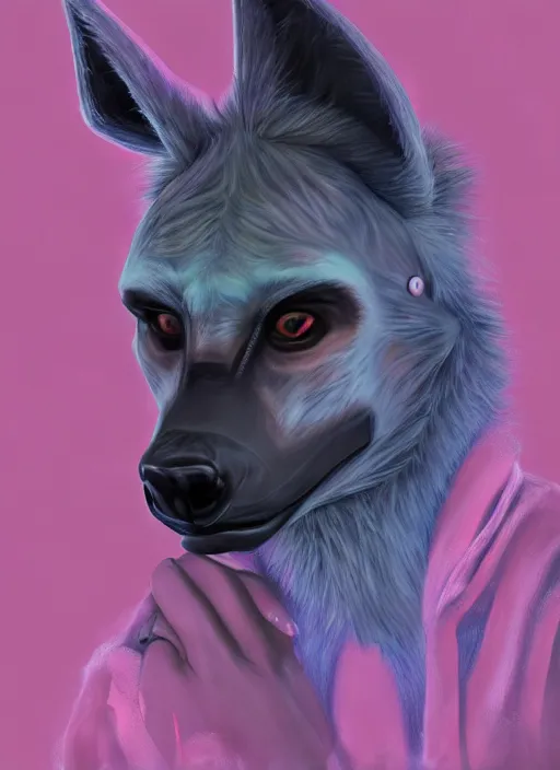 Image similar to oil painting of anthromorphic hyena female drawn in style of x _ ragdoll, fursona, furry fandom, neon rainy cyberpunk setting, anthro, wearing cyberpunk 2 0 7 7 jacket, detailed face,