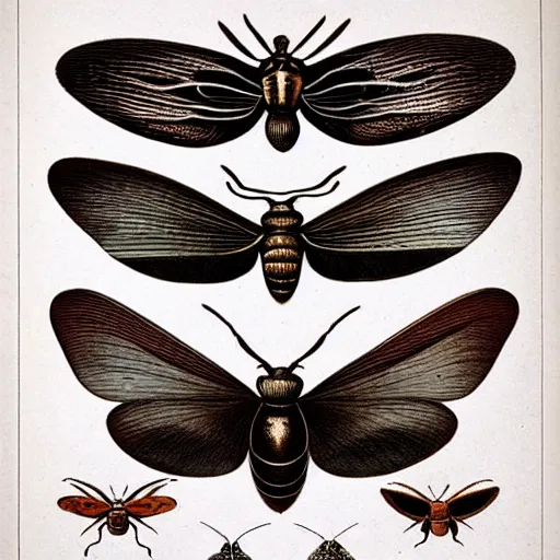 Prompt: a group of bugs and moths on a white background, an illustration of by earnst haeckel from 1 8 5 8. trending on pinterest, cloisonnism, photoillustration, poster art