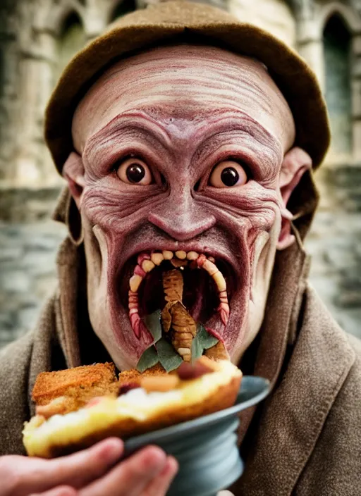 Image similar to closeup portrait of a medieval goblin eating cakes in the cloisters, depth of field, zeiss lens, detailed, symmetrical, centered, fashion photoshoot, by Annie Leibovitz and Steve McCurry, David Lazar, Jimmy Nelsson, Breathtaking, 8k resolution, extremely detailed, beautiful, establishing shot, artistic, hyperrealistic, beautiful face, octane render