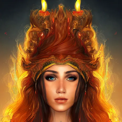 Prompt: A portrait of an attractive young female fire angel, beautiful long fire hair, wearing tumultus flames, intricate, highly detailed, elegant, digital painting, trending on artstation – n 9