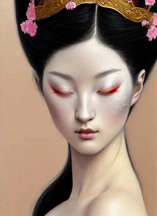 Image similar to organic seductive Geisha, pearlescent skin, diffuse lighting, fantasy, intricate, elegant, highly detailed, lifelike, photorealistic, digital painting, artstation, illustration, concept art, different full body view, smooth, sharp focus, art by John Collier and Albert Aublet and Leonardo da vinci and Krenz Cushart and Artem Demura and Alphonse Mucha