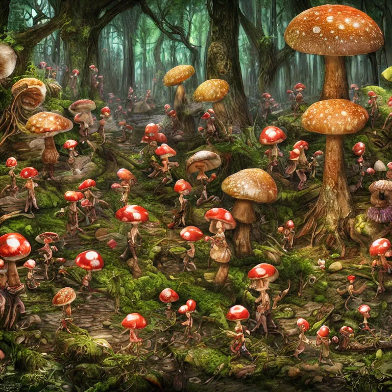 Prompt: hyper detailed mushroom Elf elves in the forest digital art, 4k, deviantart studio lighting