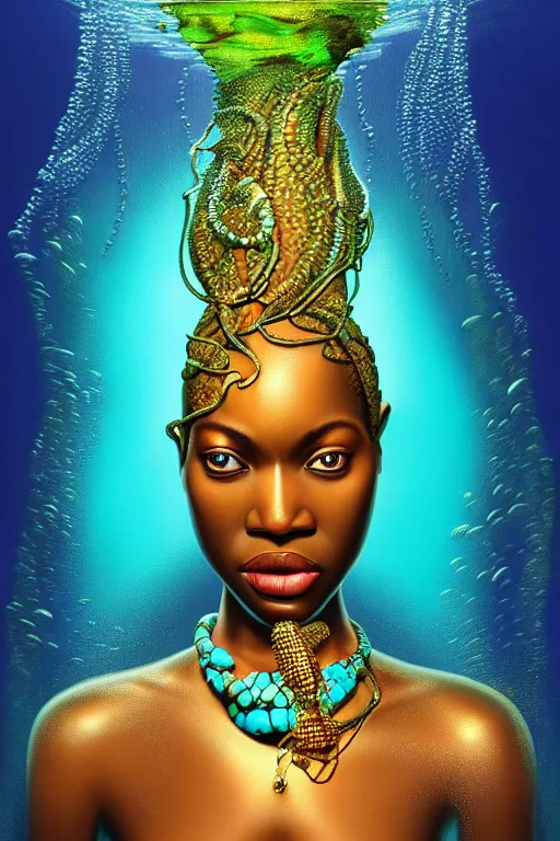 Image similar to hyperrealistic wide shot of very expressive! translucent!! african goddess, cinematic underwater scene with fish and algae, gold jewerly, highly detailed face, digital art masterpiece, eric zener cam de leon, dramatic pearlescent turquoise light on one side, low angle uhd 8 k, shallow depth of field