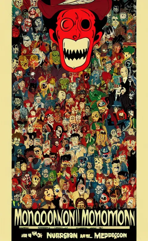 Image similar to cursed with necronomicon horrorcore cel animation poster depicting gory waldo eating the deceased power puff girls, intricate faces, metropolis, 1 9 5 0 s movie poster, post - processing, vector art