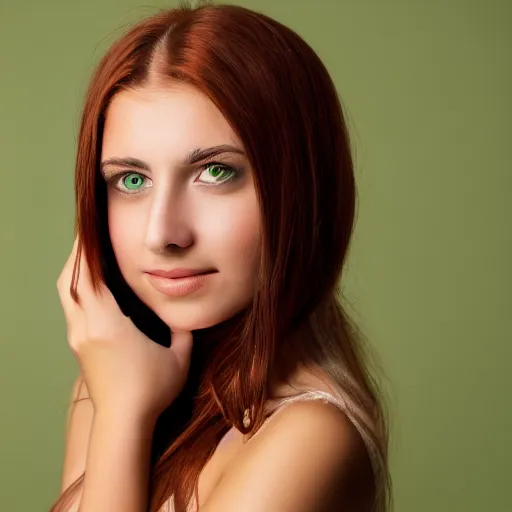Prompt: beautiful clothed woman with olive skin tone, auburn hair, beautiful green eyes, studio portrait, 8 k