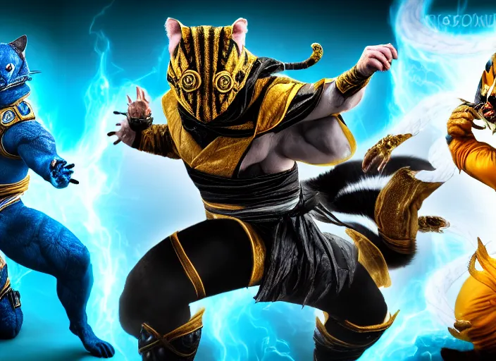 Prompt: hamster dressed as sub zero fights a cat dressed as scorpion in mortal kombat on the background of a laughing shao khan. fantasy magic style. highly detailed 8 k. intricate. lifelike. soft light. sony a 7 r iv 5 5 mm. unreal engine with nanite and path tracing