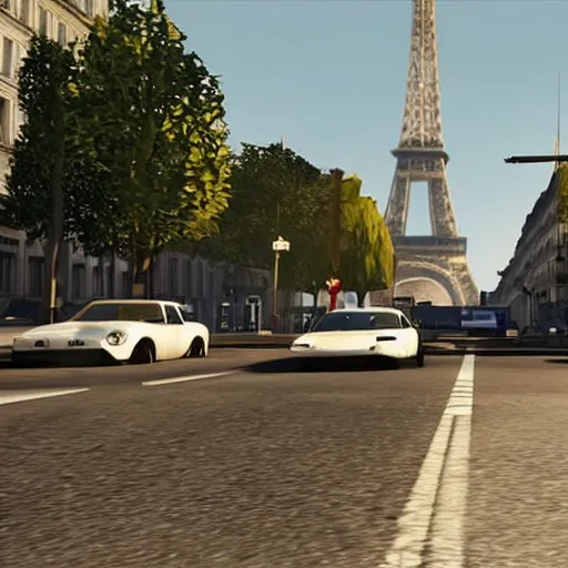 Prompt: promotional screenshot of grand theft auto videogame set in paris
