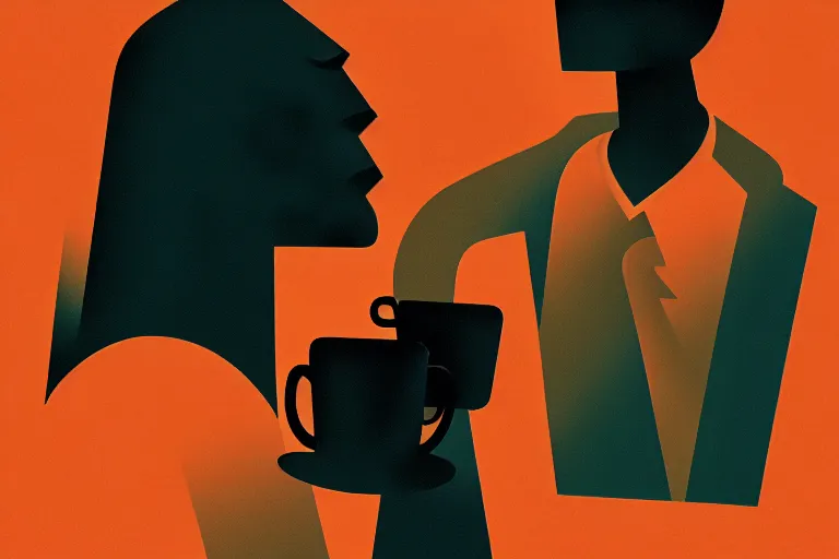 Image similar to editorial illustration by Karolis Strautniekas and Mads Berg and Tsuruta Kenj, drinking coffee, colorful, fine texture,detailed, muted colors,film noir, dramatic lighting, dynamic composition,moody, vivid, matte print