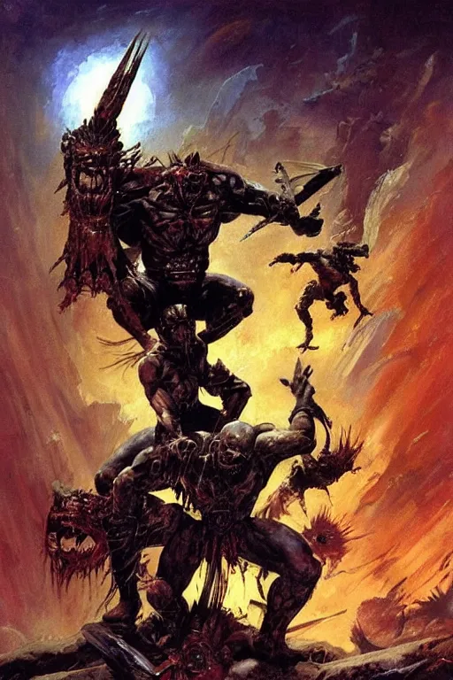 Prompt: “ an epic scene of a muscular warrior and a beautiful alien princess standing on top of a pile of corpses while fighting off mutant alien attackers, scifi painting by frank frazetta, fantasy, science fiction ”