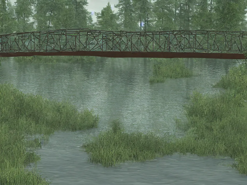 Image similar to a bridge over a body of water next to a forest, a screenshot by the mazeking, polycount, photorealism, xbox 3 6 0 graphics, hd mod, prerendered graphics