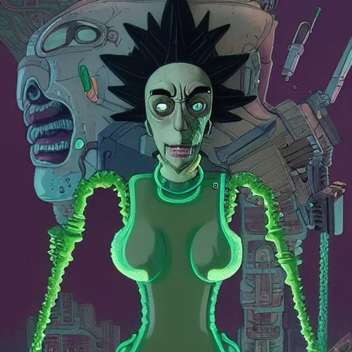 Image similar to pickle rick sanchez cyberpunk portrait by gaston bussierre and charles vess and james jean and erik jones and rhads, inspired by ghost in the shell, beautiful fine face features, intricate high details, sharp, ultradetailed