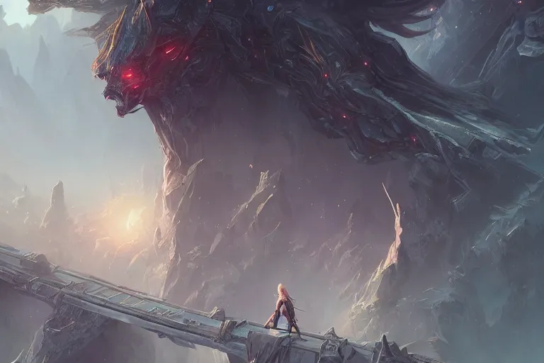 Prompt: scene of guardian of the void standing on a bridge between realms, highly detailed, highly detailed, sharp focus, illustration, trending on artstation, artwork by wlop