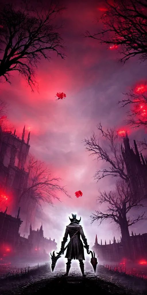 Image similar to abandoned bloodborne old valley with a person at the centre and a ruined gothic city at the end of the valley, trees and stars in the background, falling red petals, epic red - orange moonlight, perfect lightning, wallpaper illustration by niko delort and kentaro miura, 4 k, ultra realistic