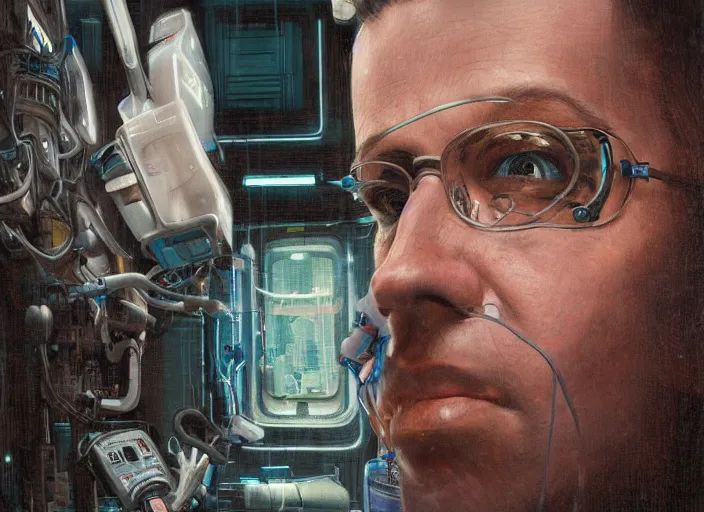 Image similar to a highly detailed cyberpunk portrait of a dentist, james gurney, james jean